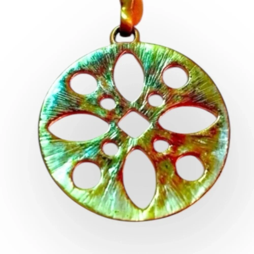 ROUND GOLD PENDANT Vintage 2” Circular Brushed Metal Finish Flower Cutout Design